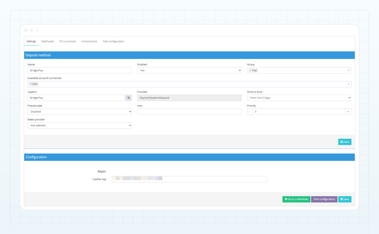 BridgerPay deposit method — Settings tab