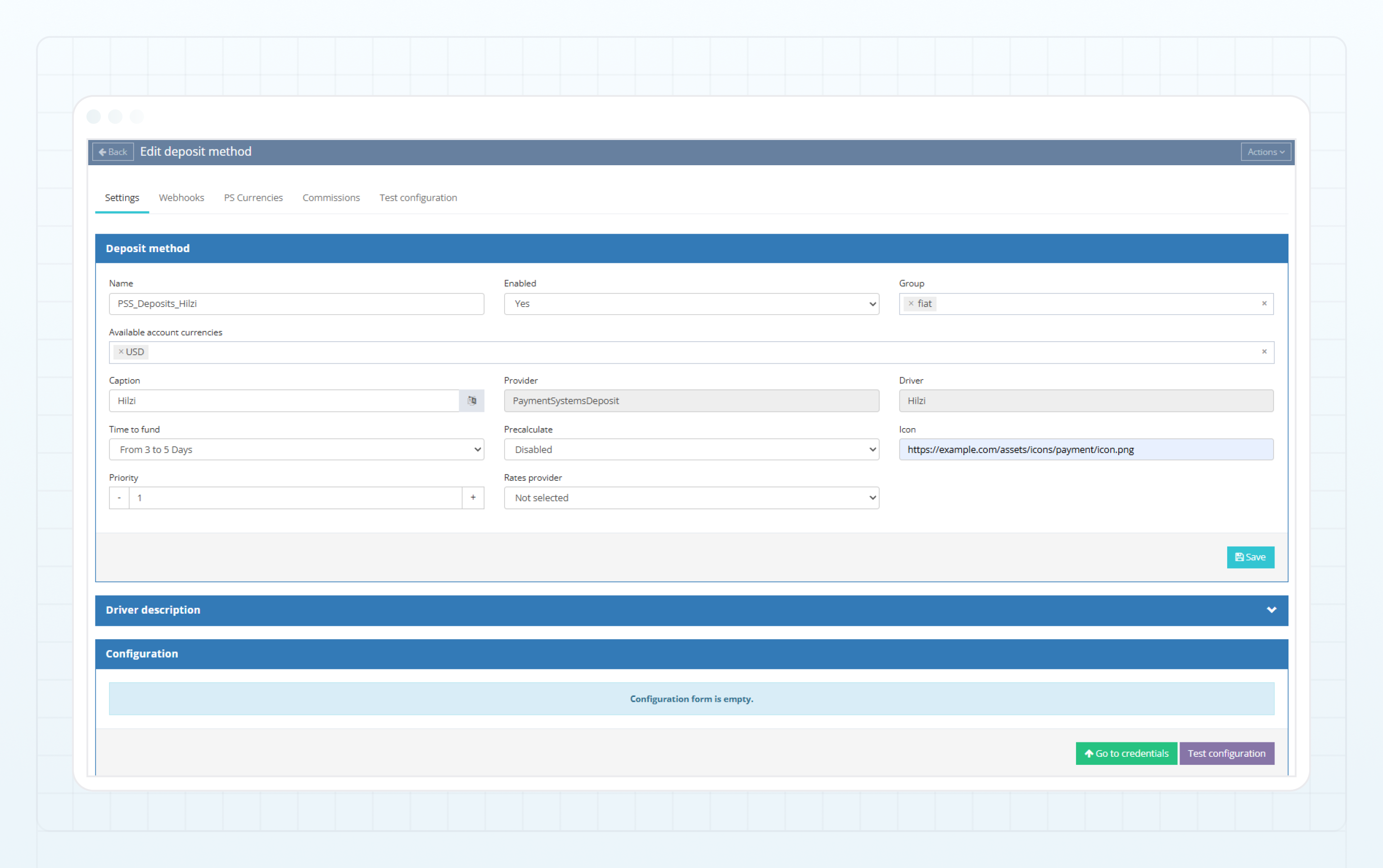 Visionpay (HILZI) deposit method — Settings tab