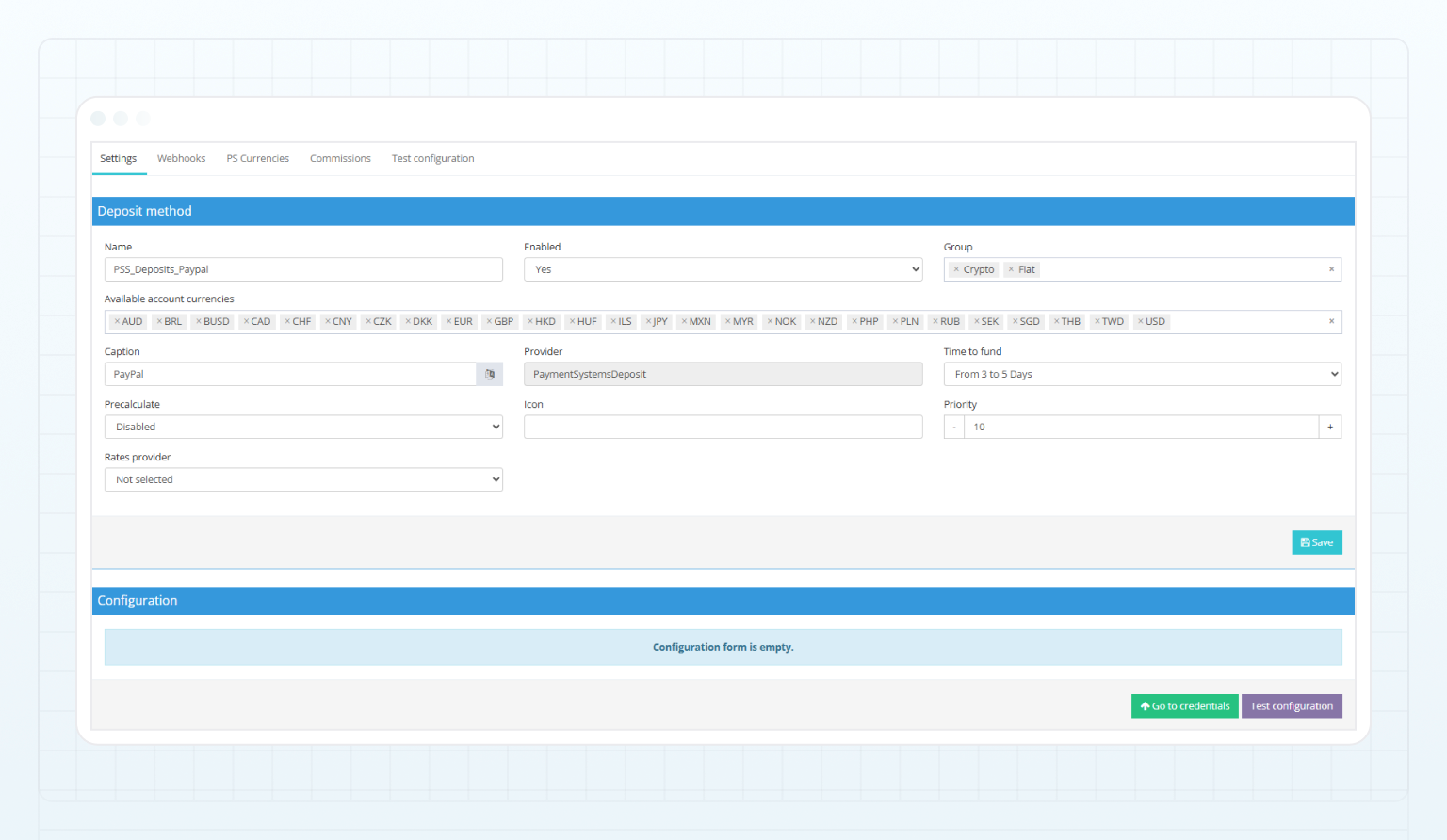 PayPal deposit method — Settings tab