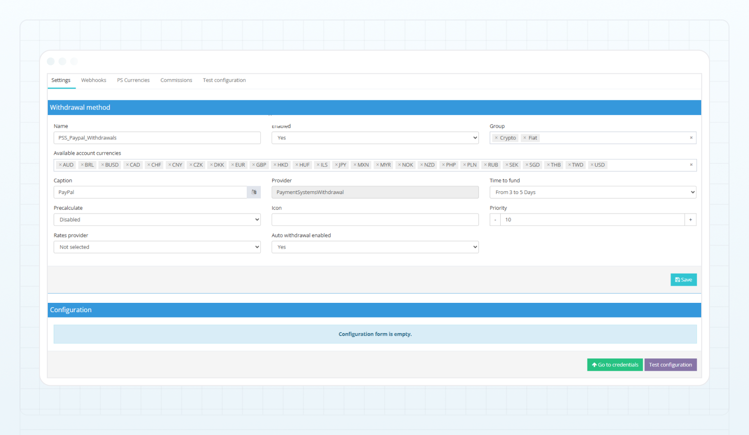 PayPal withdrawal method — Settings tab