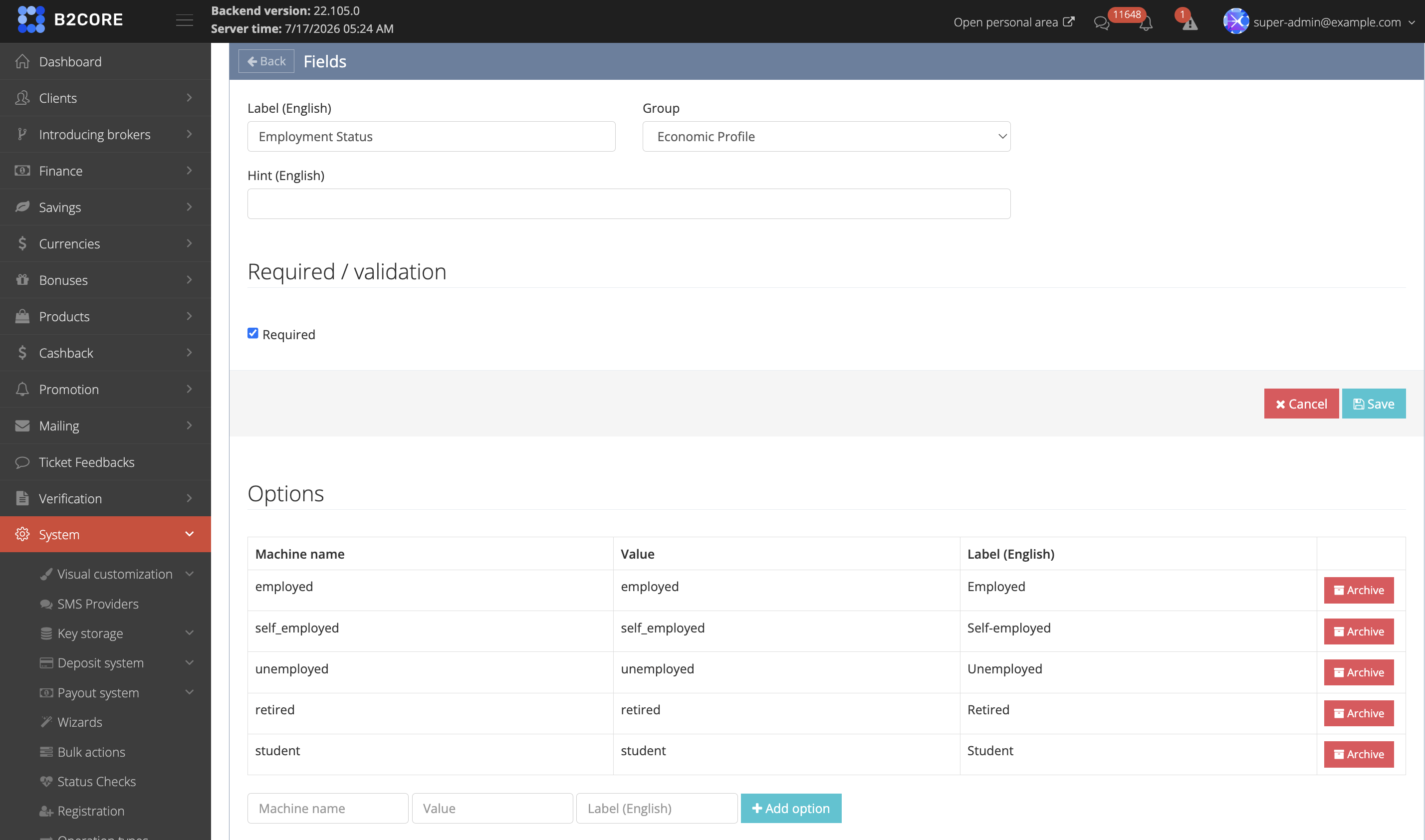 Field creation form with label, group, validation, and options
