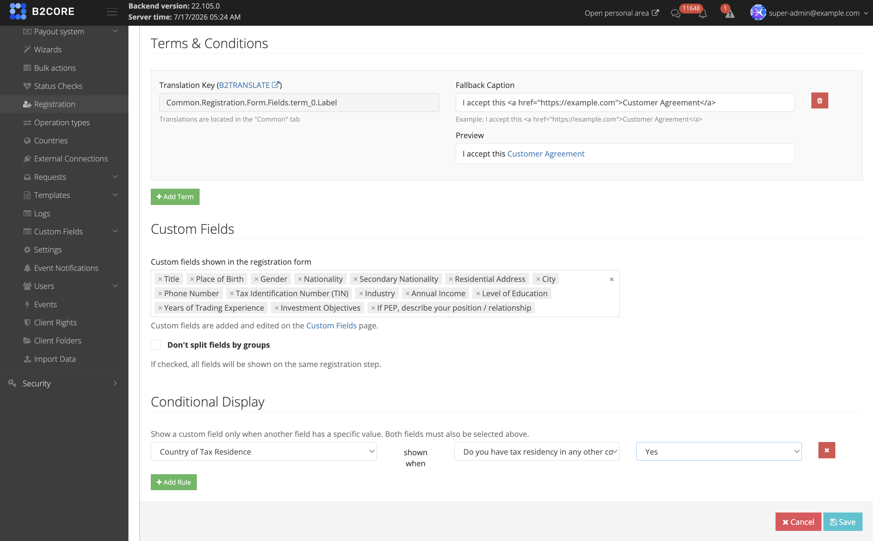 Terms and conditions, custom fields, and conditional display for a registration profile