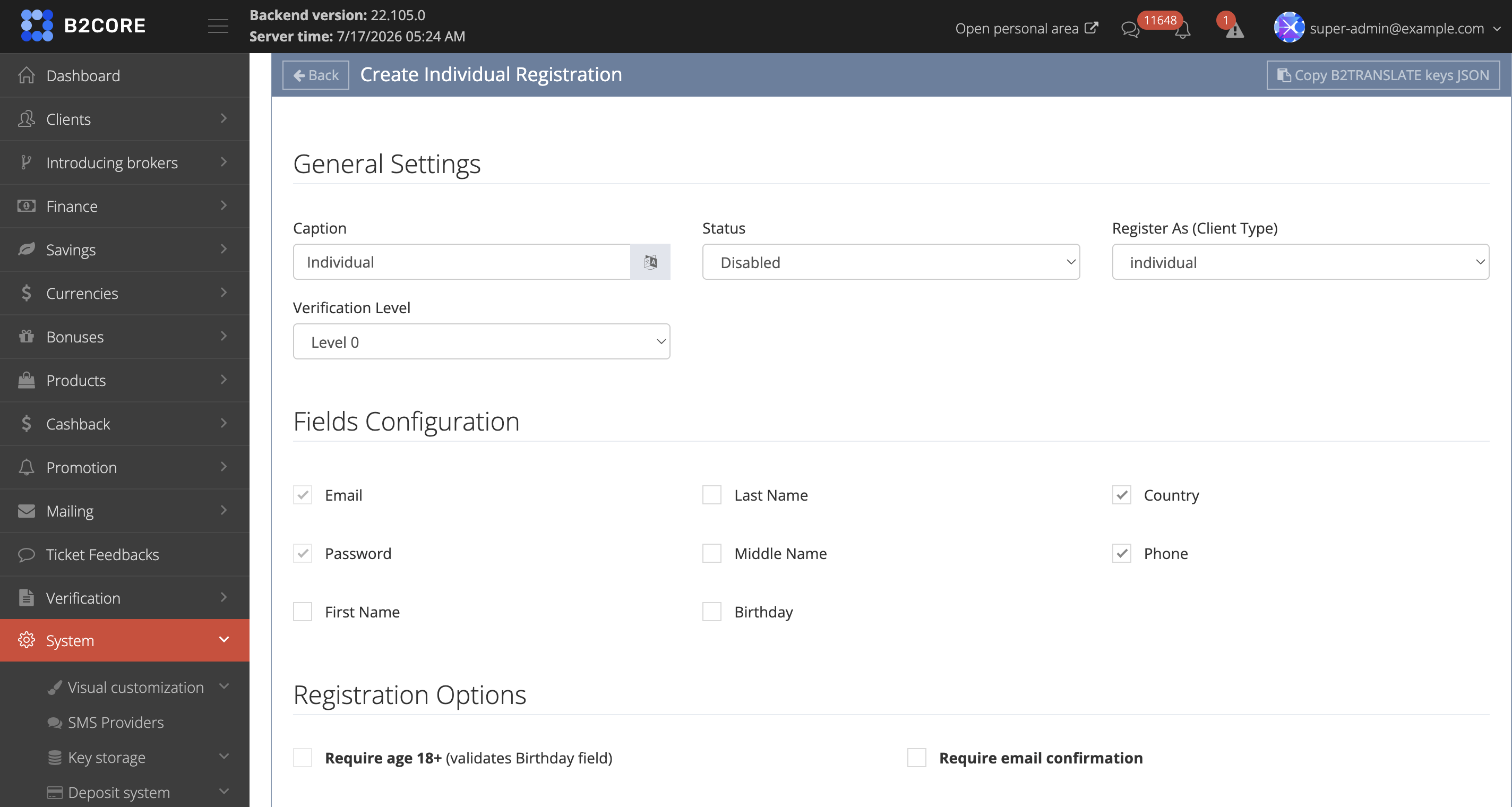 General settings, fields configuration, and registration options for a registration profile