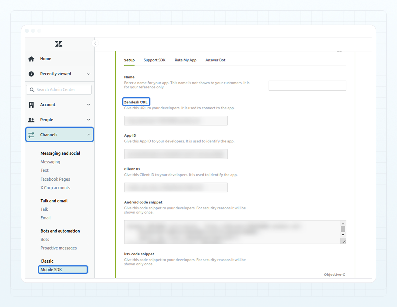 Zendesk URL in Channels > Mobile SDK