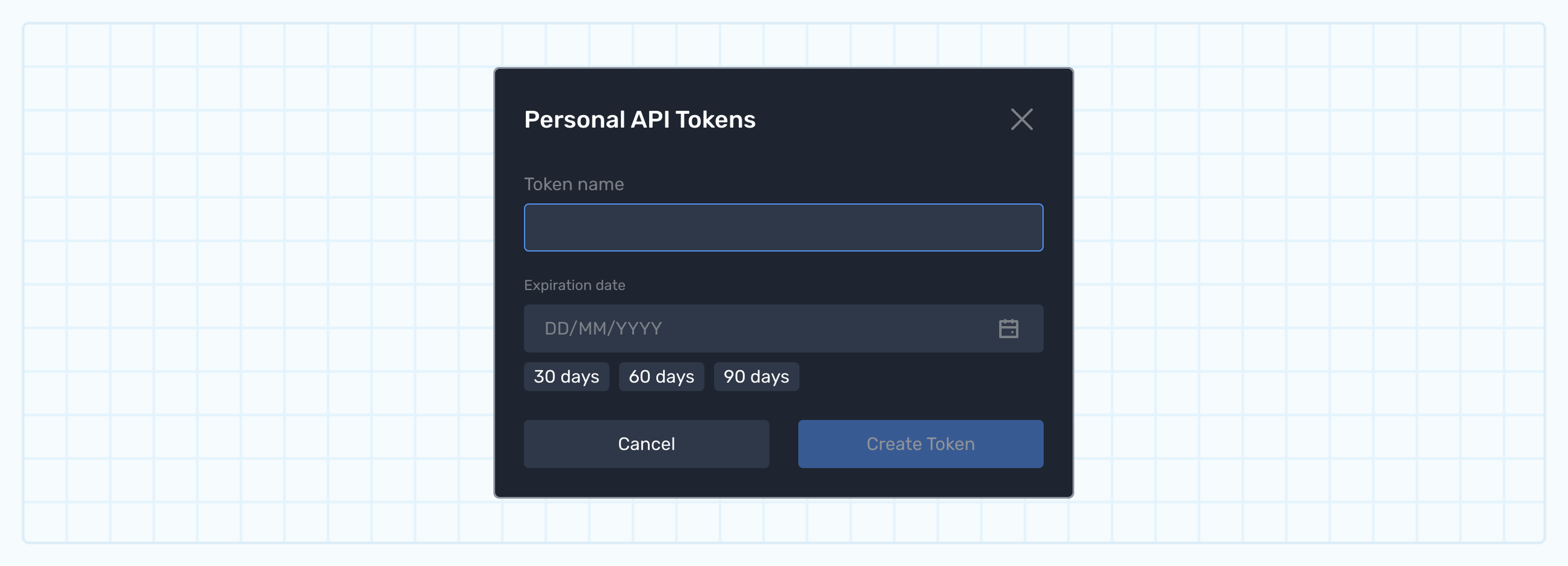 The Create Token dialog with a name field and expiration date