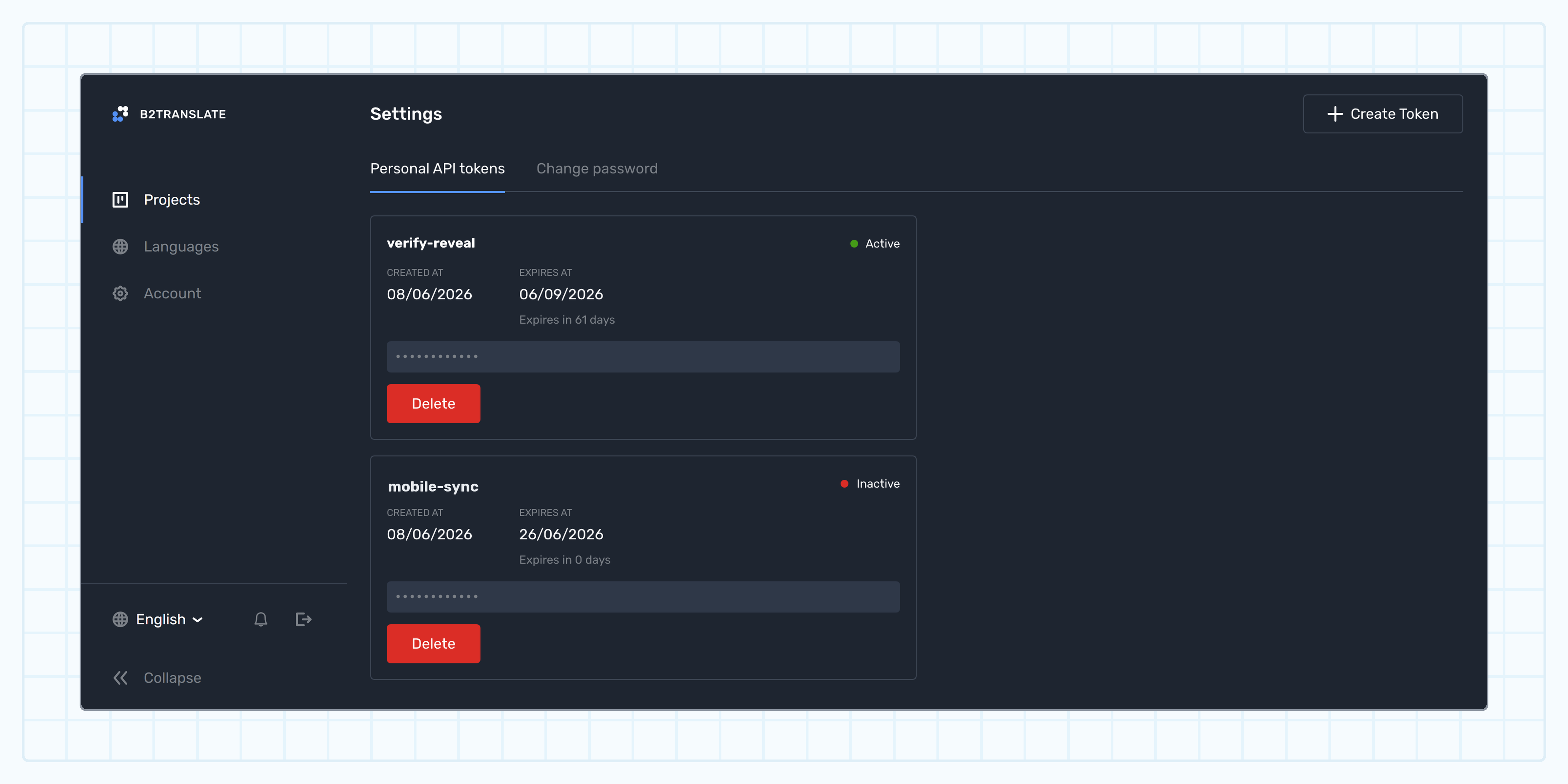 The Personal API tokens tab listing existing tokens