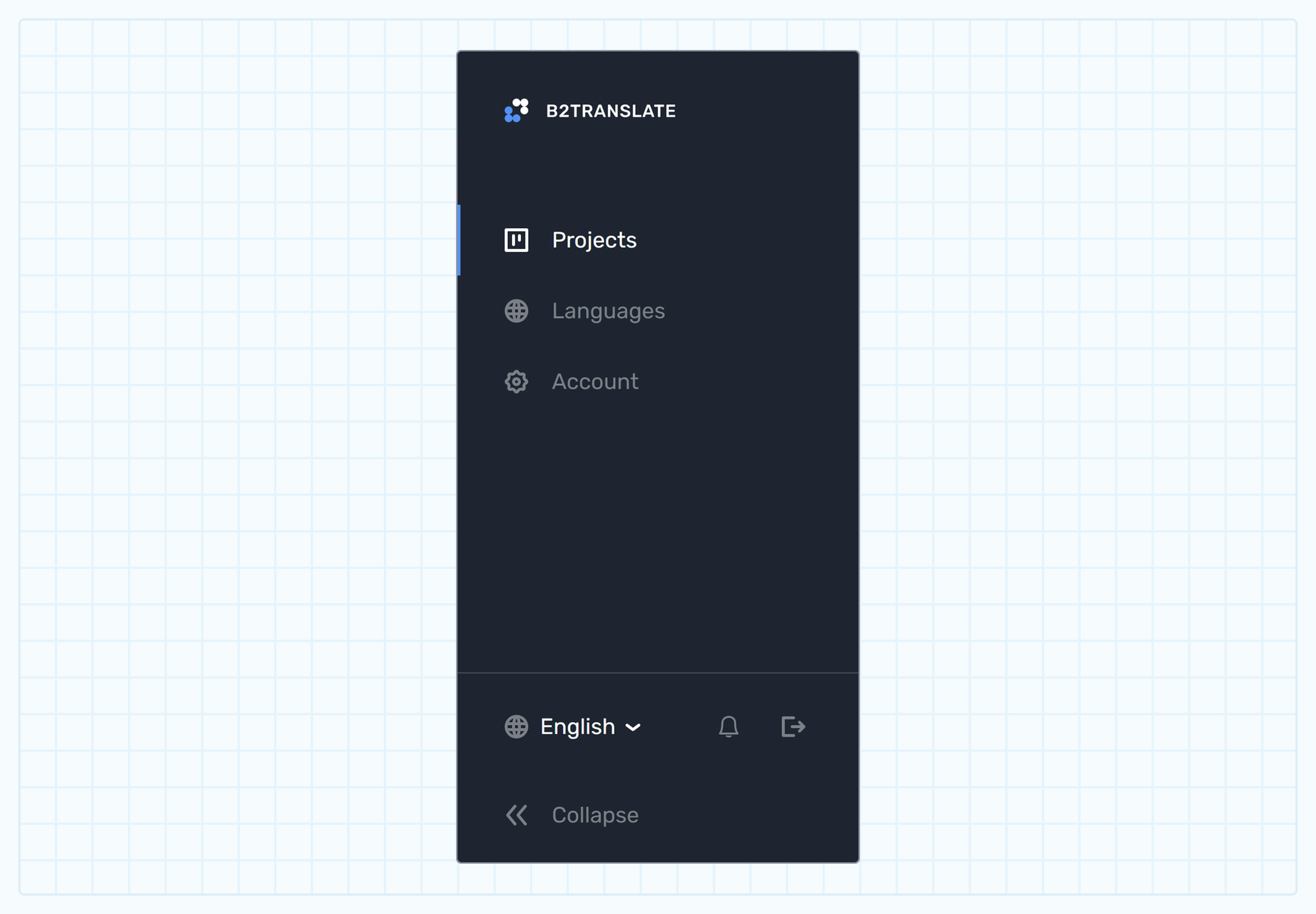 The B2TRANSLATE sidebar with navigation items, the Account entry, and the footer controls